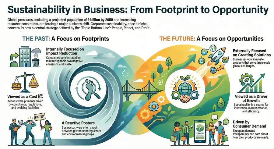 Sustainability in business showing the transition from environmental footprint reduction to opportunity-driven growth