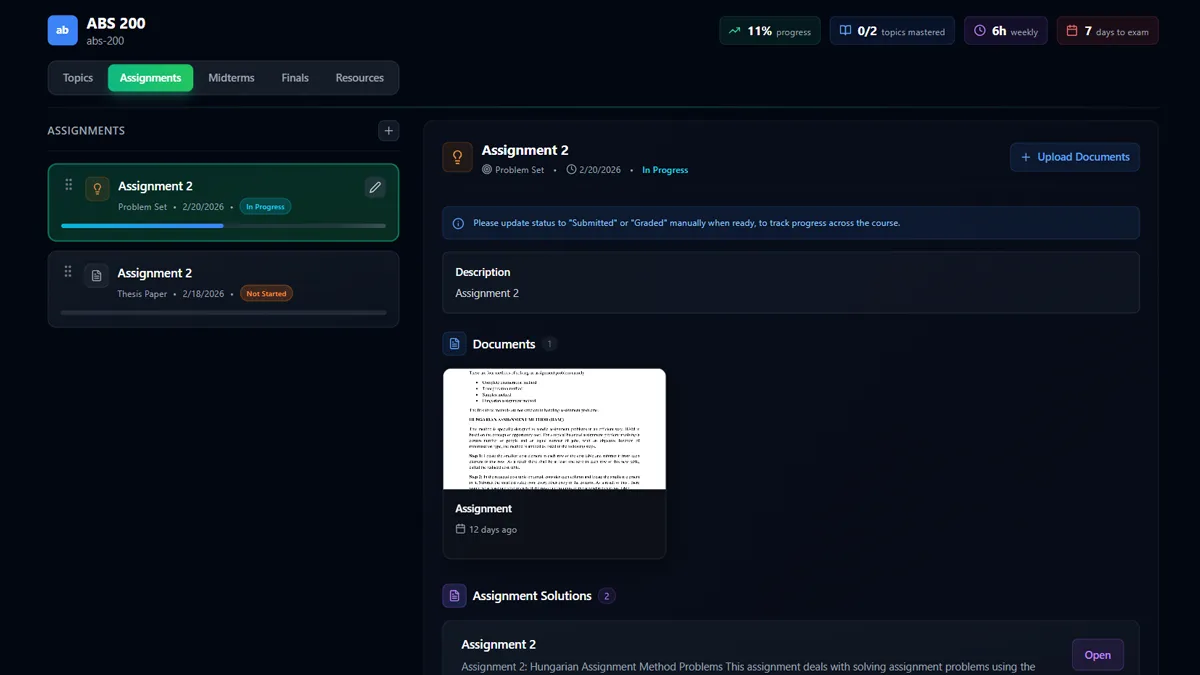 CramX assignments tracker showing pending submissions and due dates