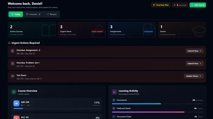 CramX Course Master dashboard showing active courses, urgent actions, and learning activity