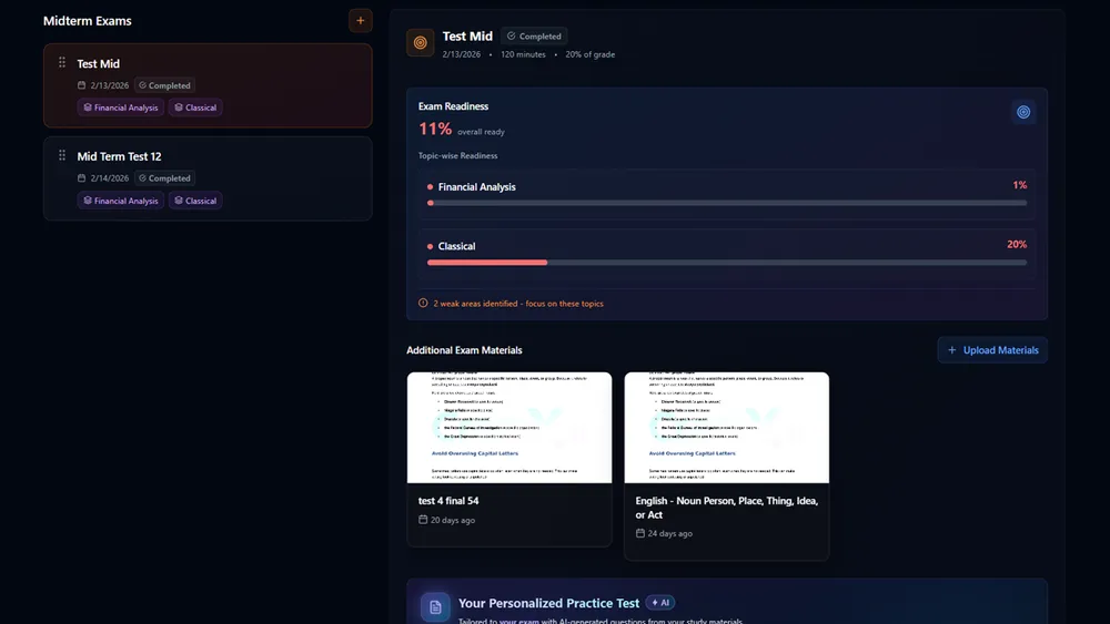 CramX mid-term exam preparation with AI-generated practice tests and readiness tracking