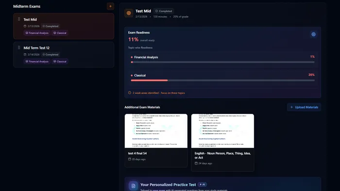 CramX mid-term exam preparation with AI-generated practice tests and readiness tracking
