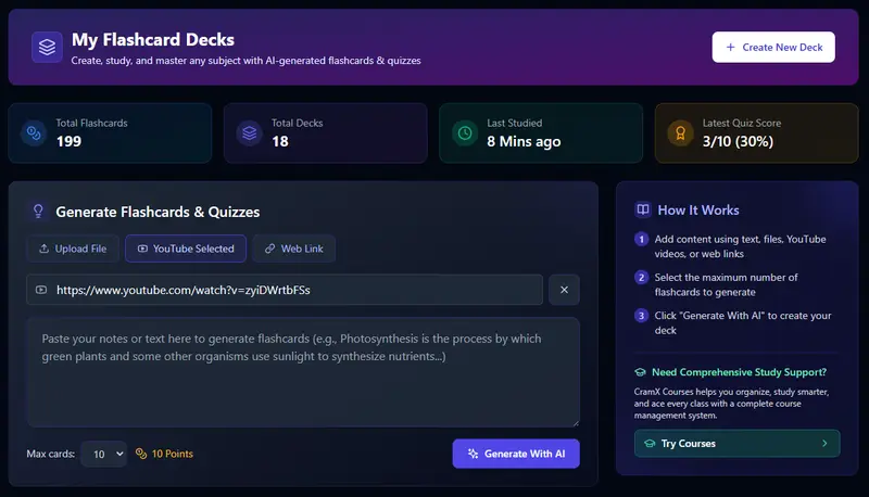 Paste YouTube video URL to convert to flashcards