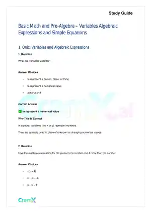 Basic Math and Pre-Algebra - Variables Algebraic Expressions and Simple Equations