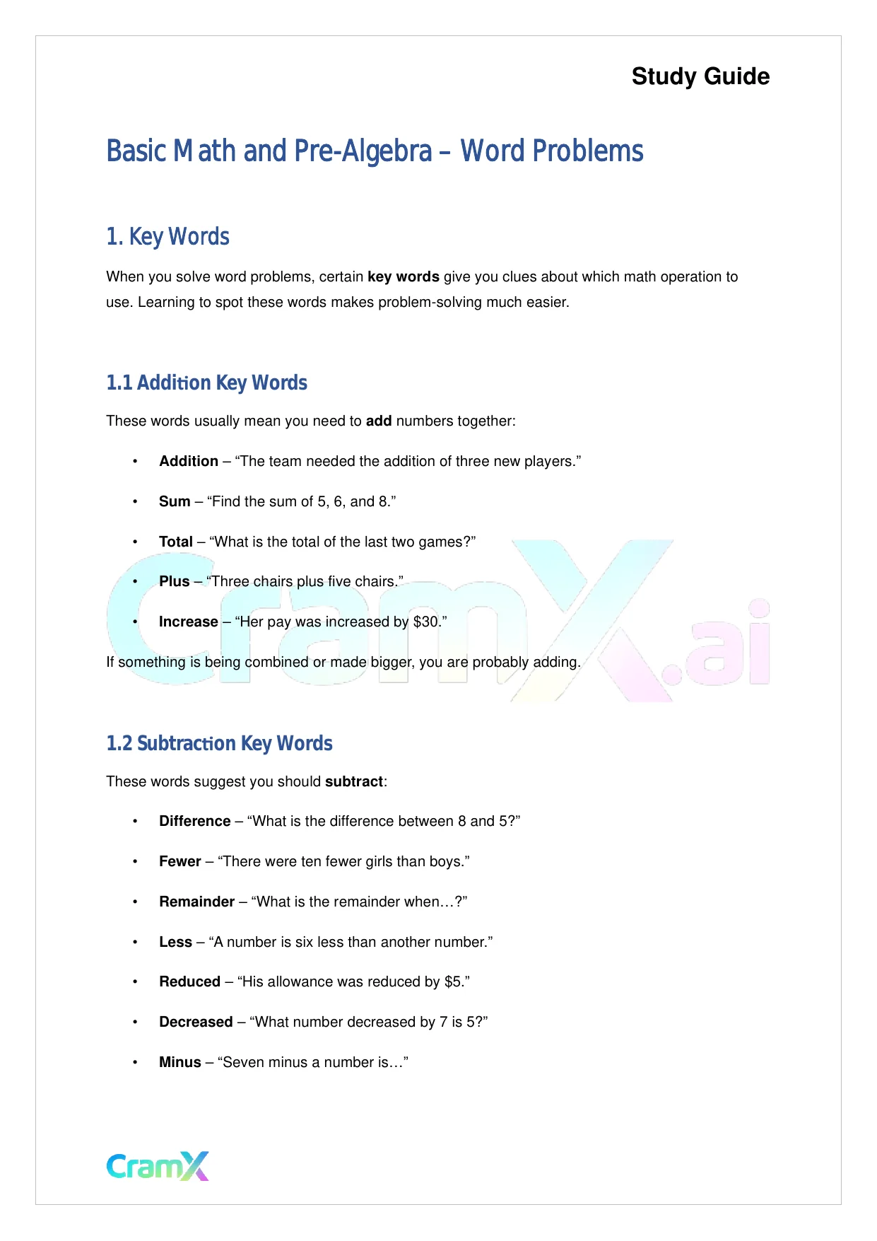 Word Problem Study Guide Basic Math and Pre-Algebra - Word Problems - Quick Guides | Mathematics ...