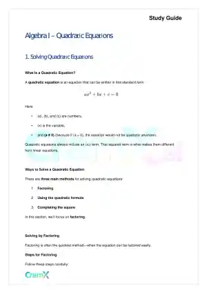 Algebra I – Quadratic Equations