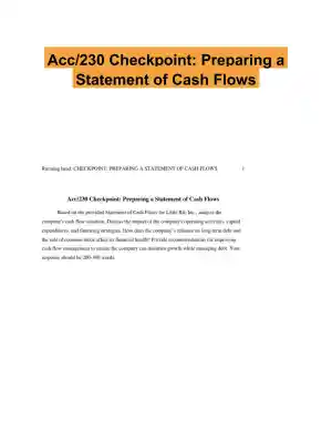 Acc/230 Checkpoint: Preparing a Statement of Cash Flows