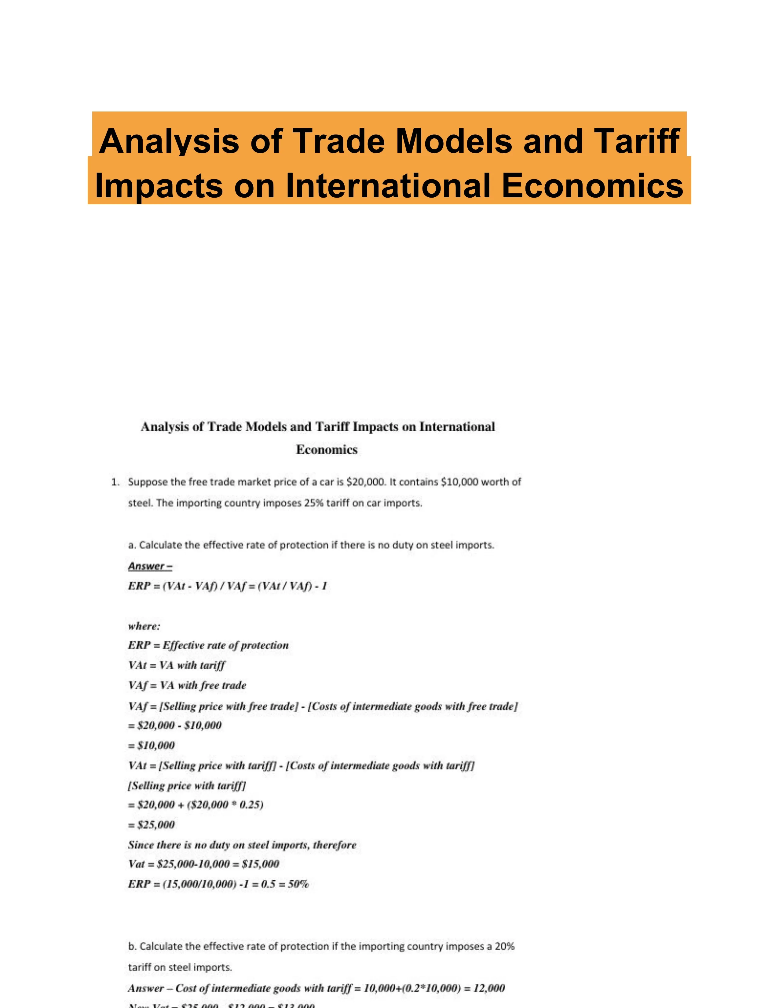 Analysis of Trade Models and Tariff Impacts on International Economics ...