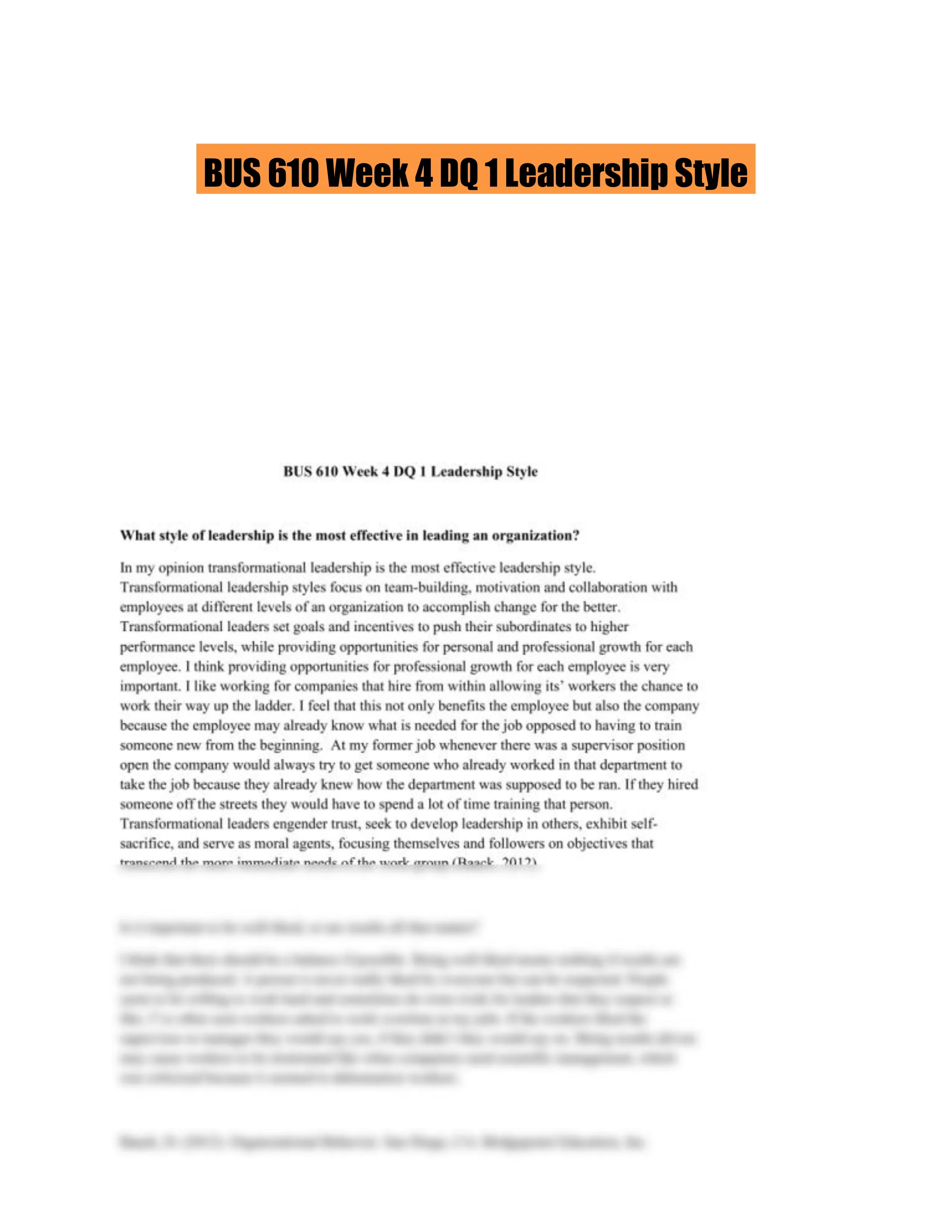 BUS 610 Week 4 DQ 1 Leadership Style - Solved Assignments | Business ...