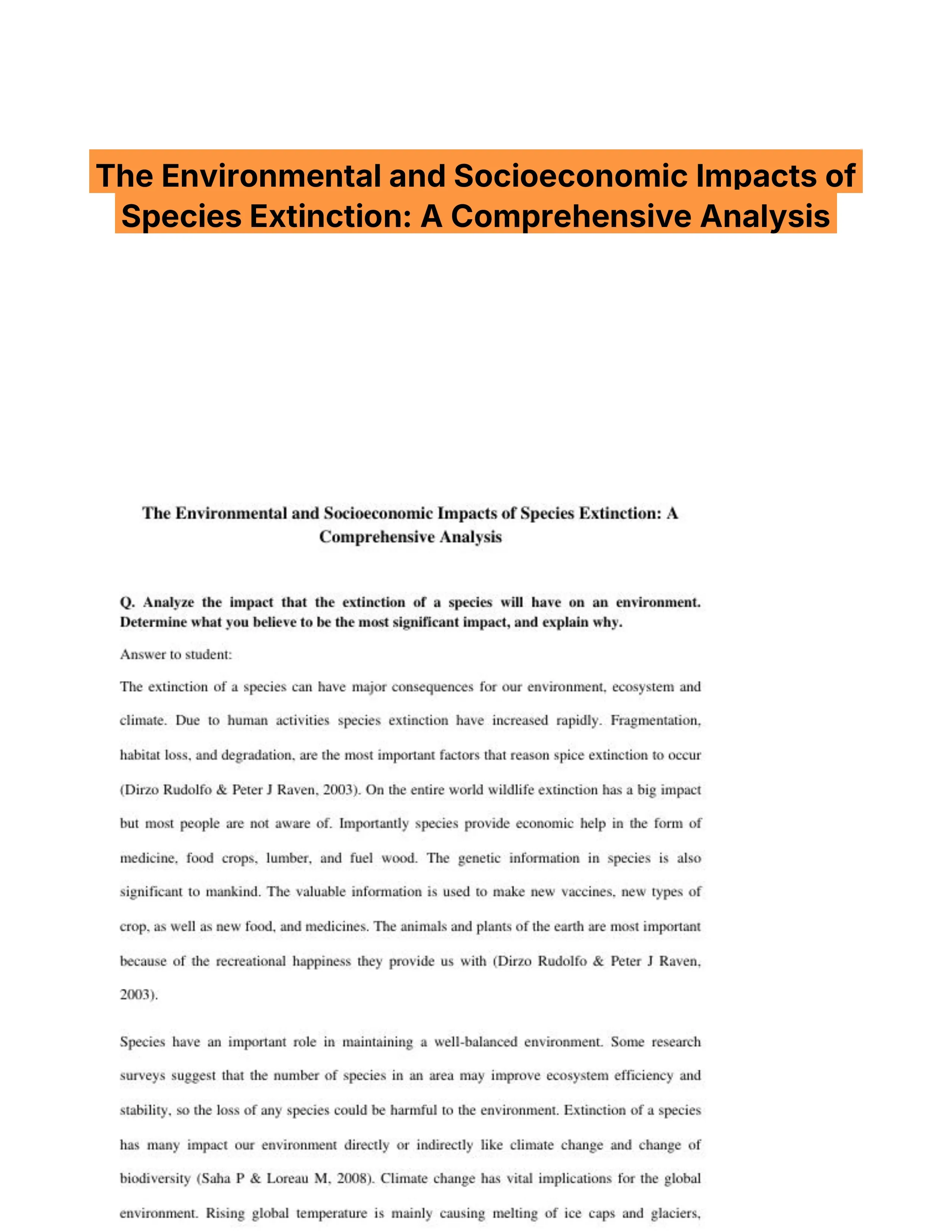 The Environmental and Socioeconomic Impacts of Species Extinction: A ...