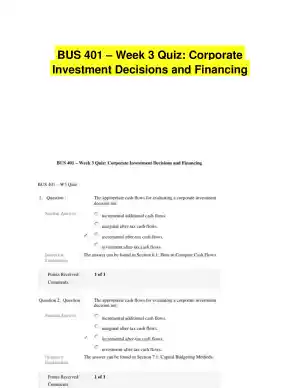 BUS 401 � Week 3 Quiz: Corporate Investment Decisions and Financing