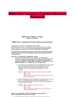 MM207 Unit 7: Hypothesis Testing for Means and Proportions