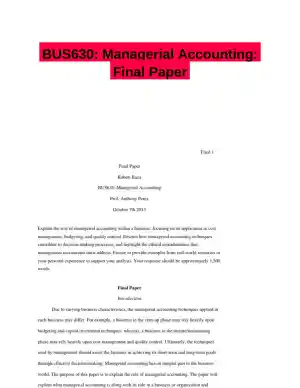 BUS630: Managerial Accounting: Final Paper