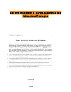 BUS 499: Assignment 4 - Merger, Acquisition, and International Strategies