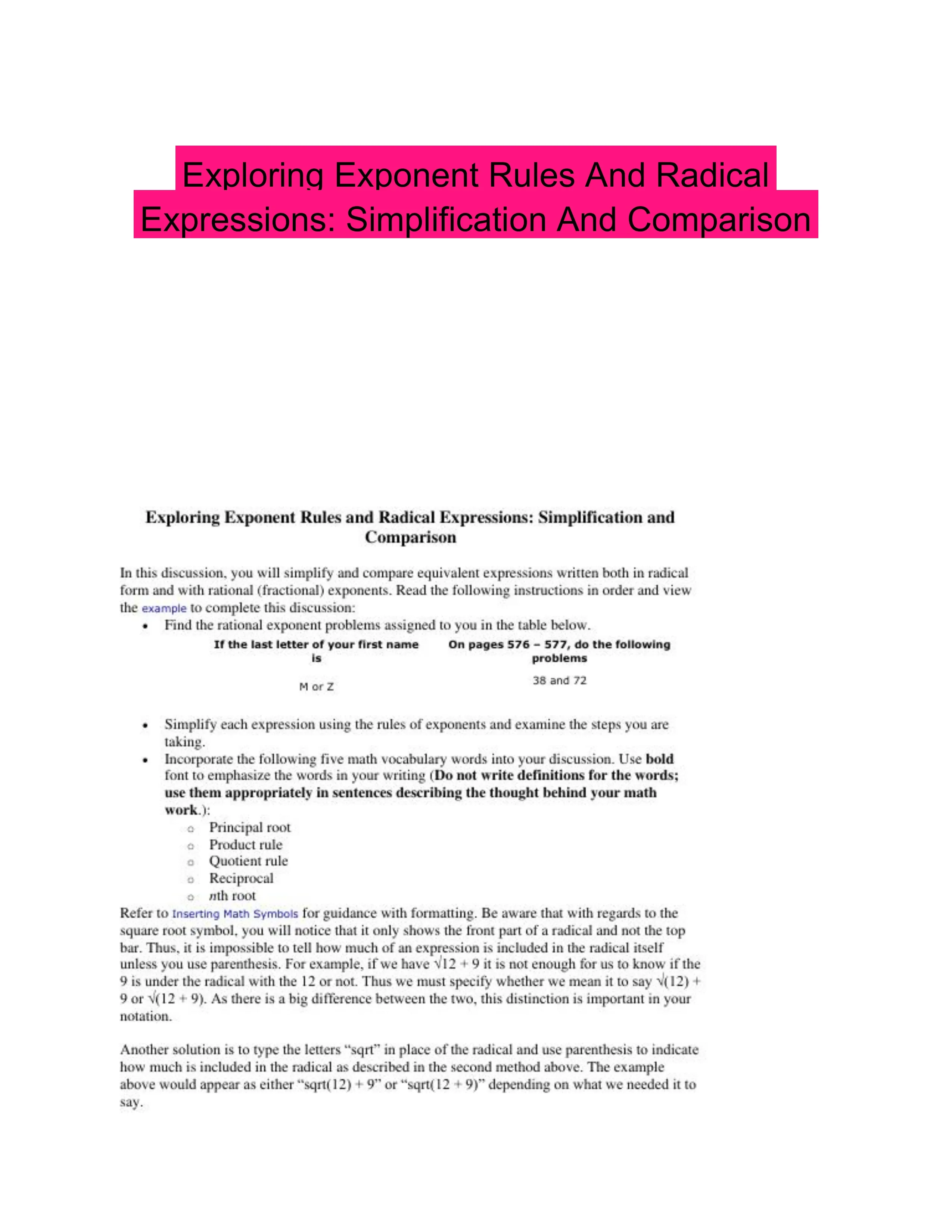 Radical Opt Exploring Exponent Rules And Radical Expressions: Simplification And ...