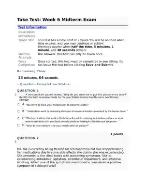 NURS6630 Mental Health Mid term Exam Final Week 6 With Answers (75 Solved Questions)