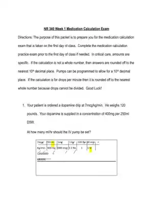 NR340 Pharmacology Week 1 Medication Calculation Exam With Answers (10 Solved Questions)