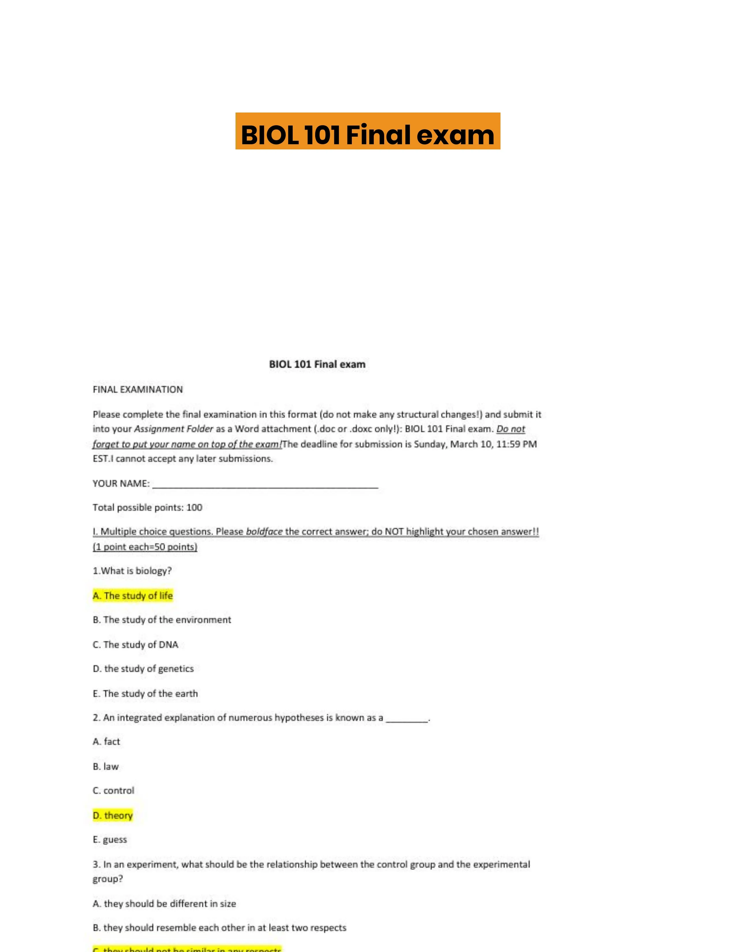 BIOL 101 Final exam - Solved Assignments | Biology | CramX