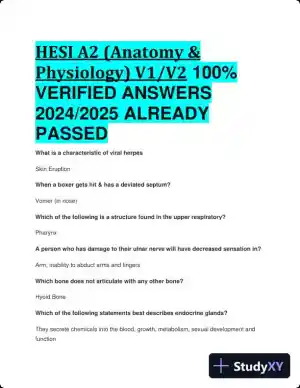 2024-2025 HESI A2 Anatomy and Physiology V1/V2 Practice Exam with Answers (134 Solved Questions)