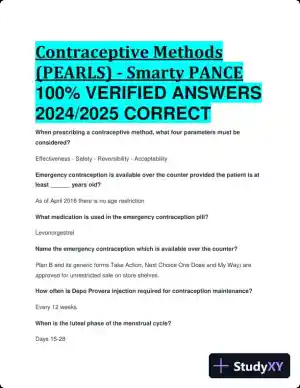 2024-2025 Contraceptive Methods Disorders (PEARLS) (Smarty PANCE) with Answers (10 Solved Questions)