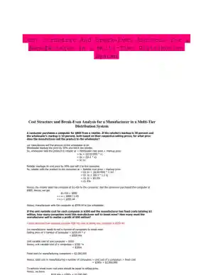 Cost Structure And Break-Even Analysis For a Manufacturer In a Multi-Tier Distribution System