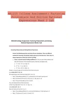 MA1210 College Assignment: Factoring Polynomials And Solving Rational Expressions Week 2 Lab