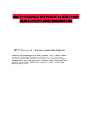 BUS 401: Various aspects of finance that management must understand