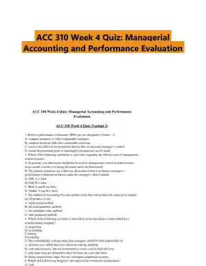 ACC 310 Week 4 Quiz: Managerial Accounting and Performance Evaluation