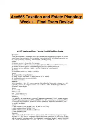Acc565 Taxation and Estate Planning: Week 11 Final Exam Review