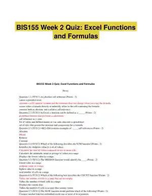BIS155 Week 2 Quiz: Excel Functions and Formulas