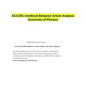 ACC/291 Unethical Behavior Article Analysis University of Phoenix