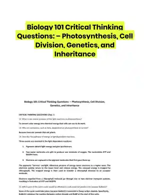 Biology 101 Critical Thinking Questions: � Photosynthesis, Cell Division, Genetics, and Inheritance