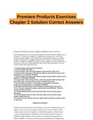 Premiere Products Exercises Chapter 2 Solution Correct Answers