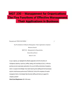 MGT 330 � Management for Organizations The Five Functions of Effective Management : Their Applications in Business