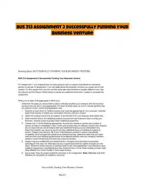 BUS 313 Assignment 2 Successfully Funding Your Business Venture