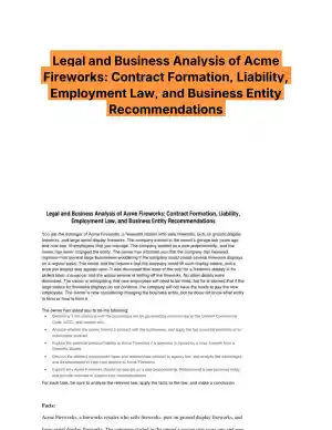 Legal and Business Analysis of Acme Fireworks: Contract Formation, Liability, Employment Law, and Business Entity Recommendations