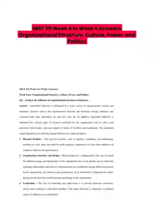 MGT 311 Week 4 to Week 5 Answers Organizational Structure, Culture, Power, and Politics