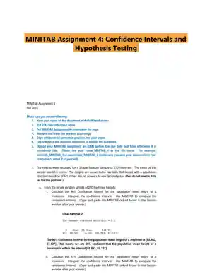 MINITAB Assignment 4: Confidence Intervals and Hypothesis Testing