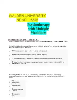 NRNP6645 Psychotherapy Midterm Exam Week 6 with Answers (108 Solved Questions)