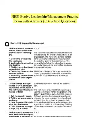 HESI Evolve Leadership/Management Practice Exam with Answers (114 Solved Questions)