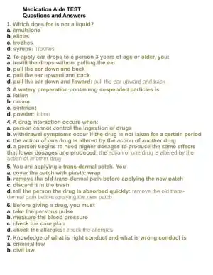 Pharmacology Aide Test With Answers (315 Solved Questions)