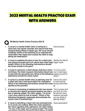 2023 Mental Health Practice Exam With Answers (60 Solved Questions)