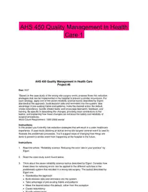 AHS 450 Quality Management In Health Care 1