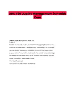 AHS 450 Quality Management in Health Care