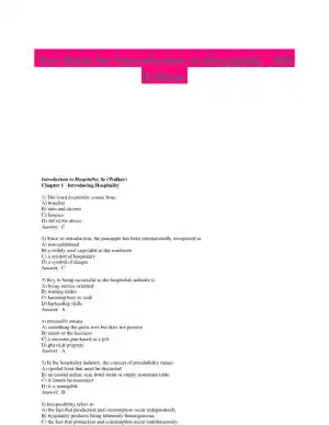 Test Bank for Introduction to Hospitality , 8th Edition
