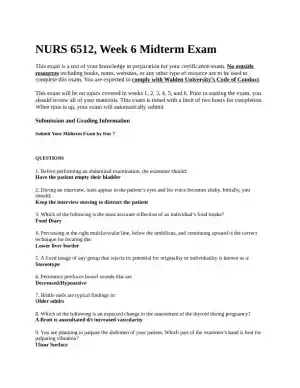 NURS6512 Walden University Clinical Analysis Midterm Exam Week 6 With Answers (200 Solved Questions)
