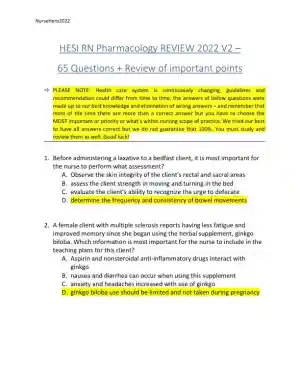 2022 HESI RN Pharmacology Review Exam Version 2 With Answers (65 Solved Questions)