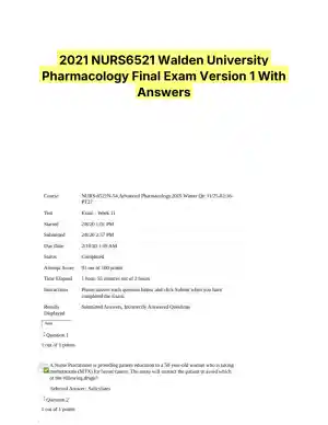 2021 NURS6521 Walden University Pharmacology Final Exam Version 1 With Answers (101 Solved Questions)