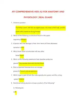 HESI Anatomy and Physiology A2 Comprehensive Real Exam With Answers (231 Solved Questions)