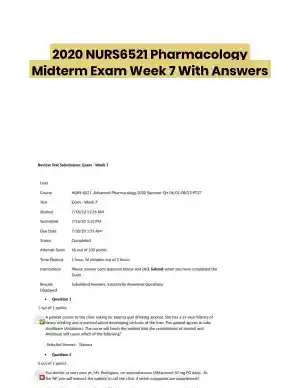 2020 NURS6521 Pharmacology Midterm Exam Week 7 With Answers (101 Solved Questions)