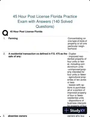 45 Hour Post License Florida Practice Exam with Answers (140 Solved Questions)